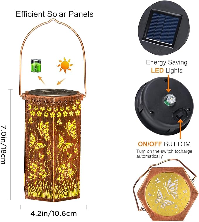 Solar Butterfly Lanterns Outdoor Hanging Lights, Gifts for Mom Dad Men Women, Hollowed-Out Metal Decor Lantern, Waterproof LED Decorative Garden Light for Patio, Yard, Pathway