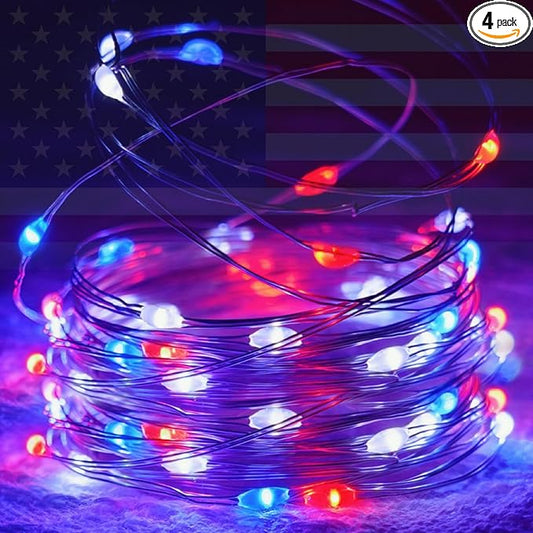 4 Pack 20FT 60LED Red White and Blue Battery Operated Fairy Lights with Timer, Waterproof Battery String Lights Outdoor Indoor, Battery Twinkle Lights for 4th of July Independence Day Decoration