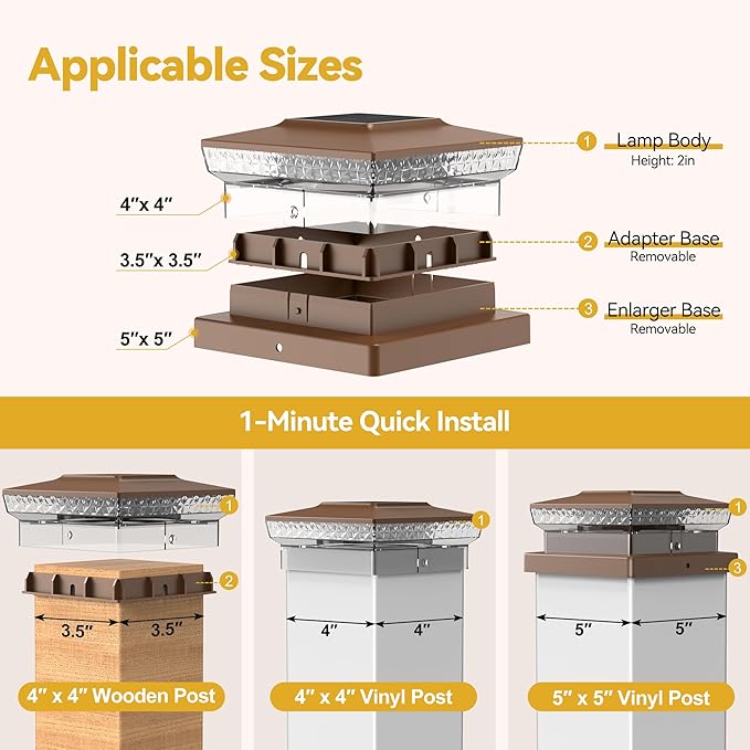 Solar Post Cap Lights, 2-Pack Upgraded Outdoor Deck Fence Post Solar Lights for 4x4 5x5 Wood/Vinyl Posts, IP65 Waterproof, 10-12 Hours Warm/Cool White Glow for Garden/Patio/Porch - Brown