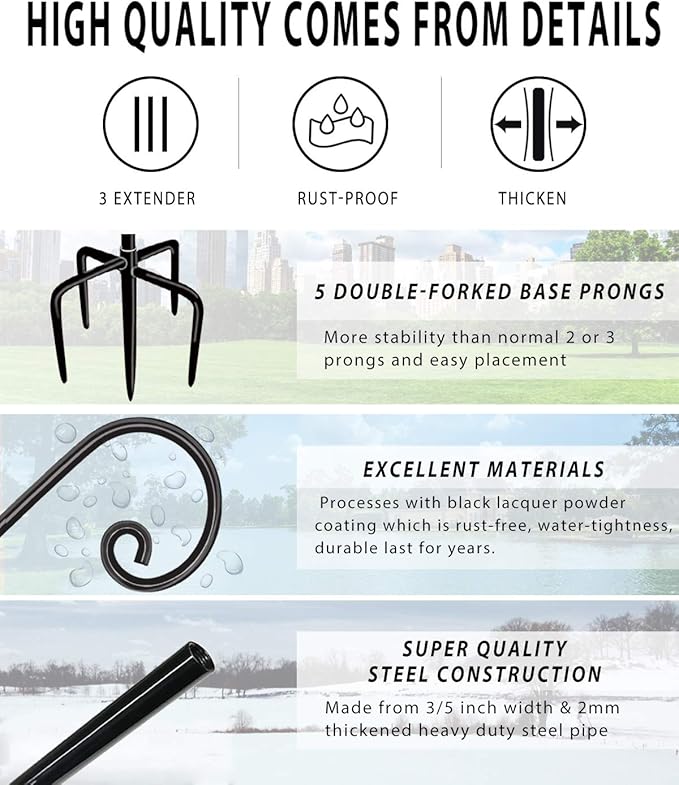 Outdoor Shepherd Hooks 108 inch Tall for Bird Feeder (2 Packs), Adjustable Metal Garden Poles for Hanging Plants Solar Light Lantern, Bright Black