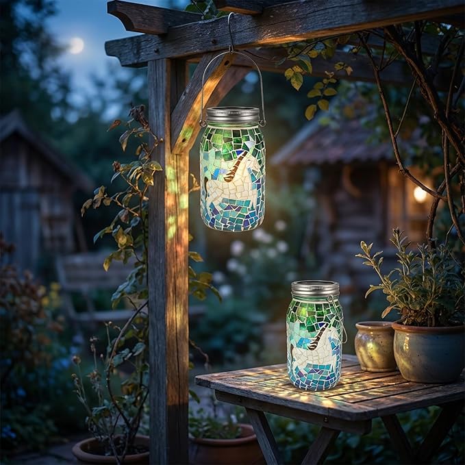 7.5" Large Mosaic Solar Lantern Outdoor: Gradient Emerald Azure Stained Glass Jar Decorative Silhouette Hanging Lights for Garden Patio Yard Artistic Glass Vase Table Lamp Gifts for Women