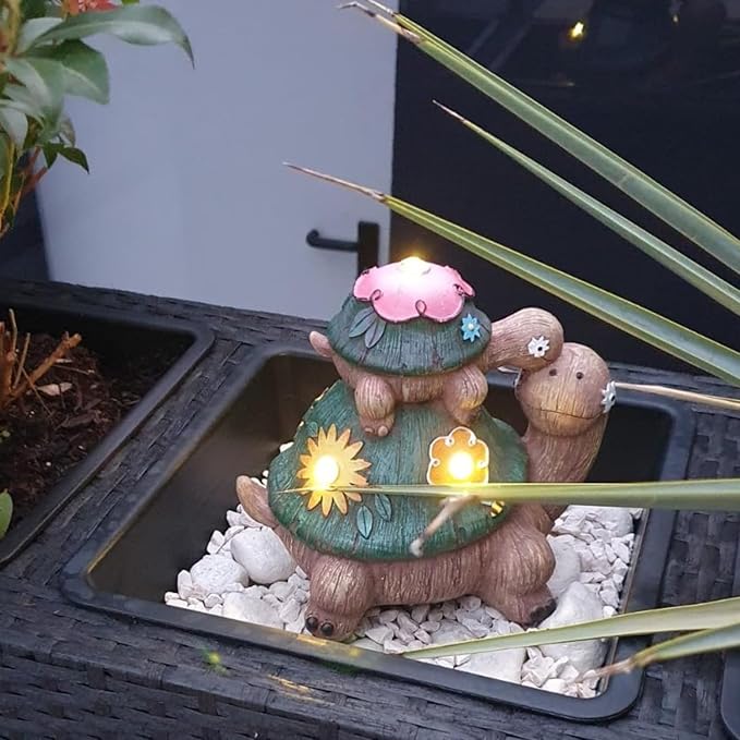 TERESA'S COLLECTIONS Garden Decor, Turtles Garden Decor, Family Tortoises with Solar Light, Waterproof Resin Garden Statue, Turtles Gifts Birthday Gifts for Women Mom, 7"