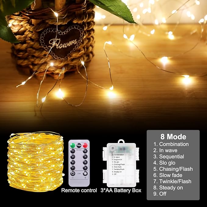Outdoor String Lights, Warm White Fairy Lights Battery Operated with Remote, Led Twinkle Lights for Bedroom, Dorm, Backyard, Wedding, Tree (Warm White, 66FT-200LED)