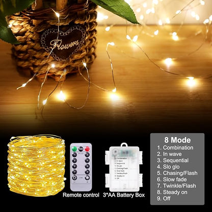 Outdoor String Lights, Warm White Fairy Lights Battery Operated with Remote, Led Twinkle Lights for Bedroom, Dorm, Backyard, Wedding, Tree (Warm White, 66FT-200LED)
