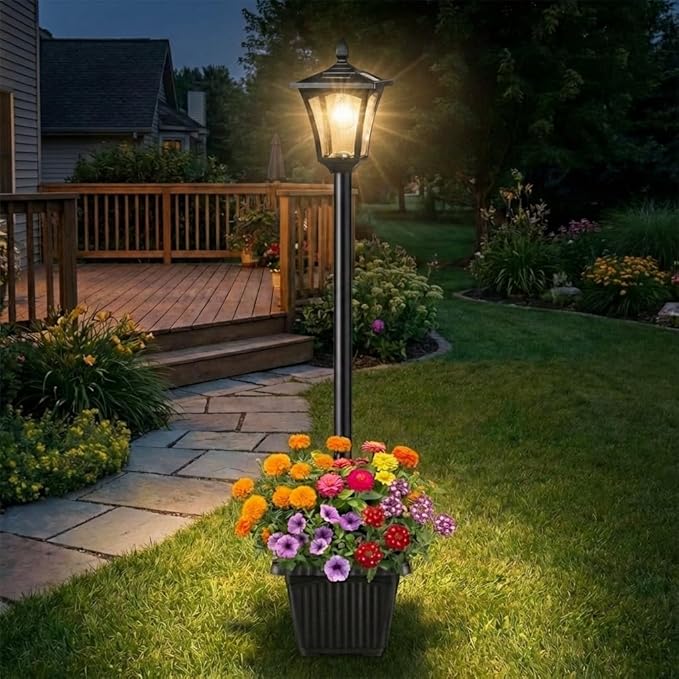 76" Solar Lamp Post Lights with Planter, Glass & Metal Street Light Outdoor Waterproof, 60 Lumens Dusk to Dawn Solar Pole Light for Garden, Yard, Driveway, Porch, Patio, Warm White