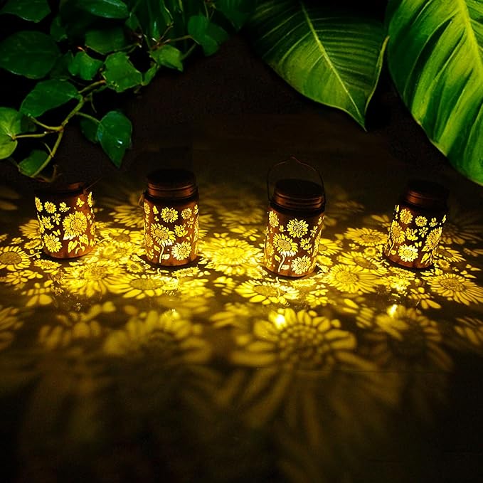Solar Outdoor Lanterns, 4pack Sunflower Garden Decor LED Light Hanging Sunflower Birthday Gifts for Women Mom Grandma (Sunflower 4pack)