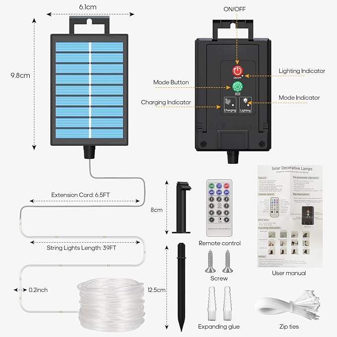 ICRGB Solar Rope Lights Outdoor, 39FT 100 LED Solar Rope Lights,IP67 Waterproof, 8 Modes, Outdoor Patio Porch Tree Wedding Christmas Pool Garden Decorative (Cool White, 39FT)