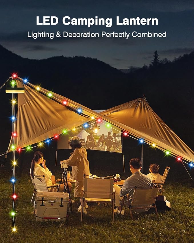 Camping String Lights, 32.8FT Warm & RGB Fairy String Lights 130LEDs, 4 In 1 Portable Waterproof Camping Light with 12 Modes, Hanging Tent Lanterns for Outdoor Hiking Yard Home Bedroom Decorations