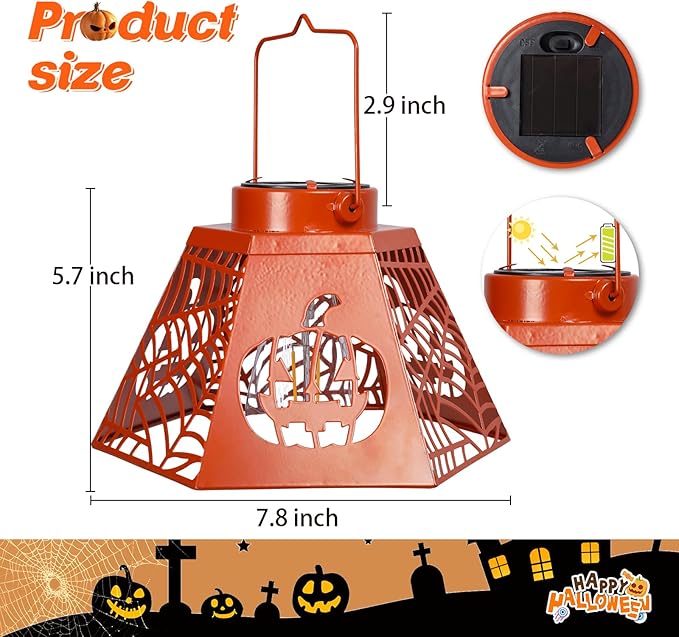 2-Pack 8.6" Halloween Solar-Powered Lanterns with Pumpkin Ghost Face Projection - Outdoor Jack-o'-Lantern Projection Lights, Waterproof Solar Stake Lights for Garden, Yard, Pathway Decor