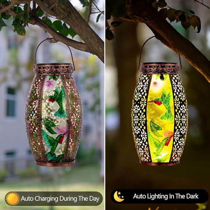 VEWOGARDEN Hummingbird Solar Lanterns Outdoor Waterproof Hanging Solar Lantern Decorative Outdoor LED Lantern Lights for Patio Yard Table Garden Decor