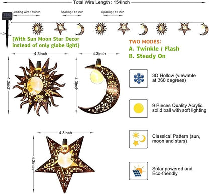 Beautyard Solar String Lights Outdoor Star Moon Sun 13Ft 153In Led Solar Powered Decorative Lights for Garden Patio Yard Trees Mothers Birthday Gifts Party (Warm White) (Star Moon Sun String Lights)