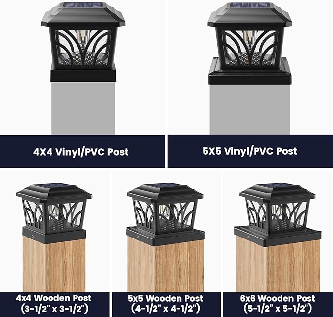 SIEDiNLAR Solar Post Cap Lights Outdoor, Aluminum Glass 2 Modes Edison LED Bulbs for 4x4 5x5 6x6 Vinyl Wooden Posts Deck Fence Patio Decor, Warm White/Cool White Lighting 6 Pack (Black)