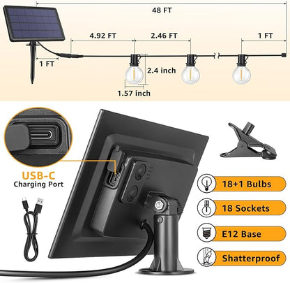 Mlambert 48Ft Solar String Lights, Outdoor Waterproof Patio Lights with 18 Shatterproof G40 Bulbs(1 Spare), Led Light for Backyard-Black Wire