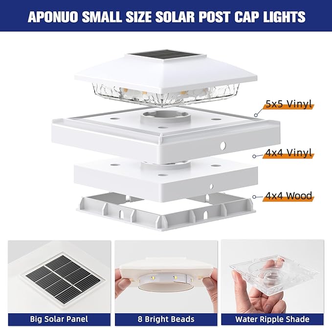 APONUO Solar Post Cap Lights for 4x4 5x5 Posts - IP64 Waterproof, 6500K LED, No-Wire Fence Lights & Deck Lights for Patio Garden Yard Patio, White-Cool White, 6 Pack