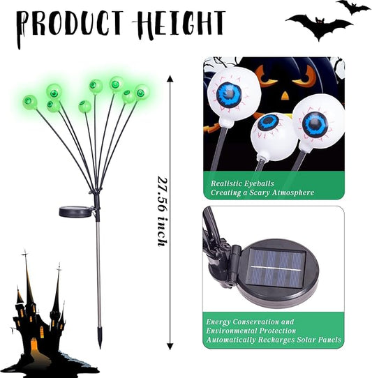 Solar Halloween Decorations Pathway Lights, 2 Packs 16 LED Green Halloween Eyeballs Waterproof Light, Swaying Scary Eye Firefly Outdoor Solar Lights for Yard Garden Lawn Path