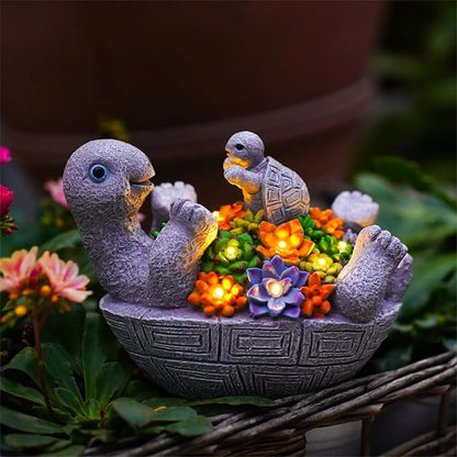 Solar Turtle Figurines Garden Decor, Cute Turtle Statue with Baby with 7 LED Solar Lights Garden Lawn Decorations for Patio & Yard, Gifts for Mom, Gery
