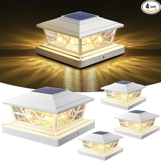 NIORSUN Solar Post Lights Outdoor 4 Pack, 2 Modes LED, Deck Fence Post Solar Lights for 3.5x3.5 4x4 5x5 5.5x5.5 Caps Patio Garden Decoration, White
