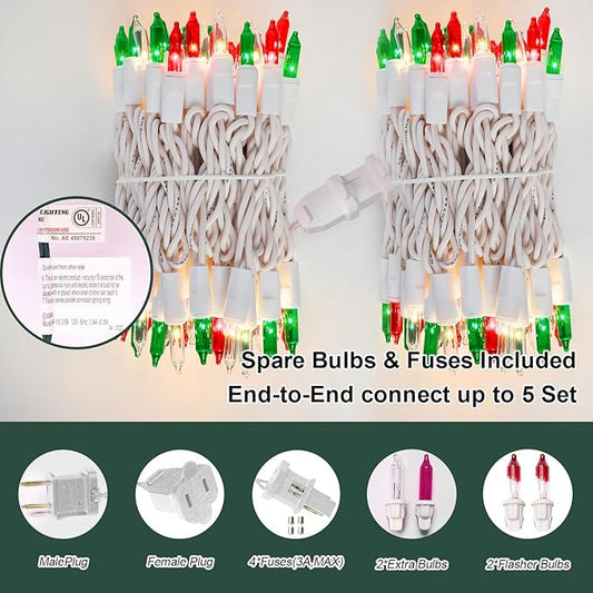 LAMPHOME Super-Bright Extendable Red Green Clear Christmas Lights Decoration 100Lights 19.6ft UL Certified Mini Bulb String Lights for Outdoor Christmas Tree Garden Patio Wedding Decor