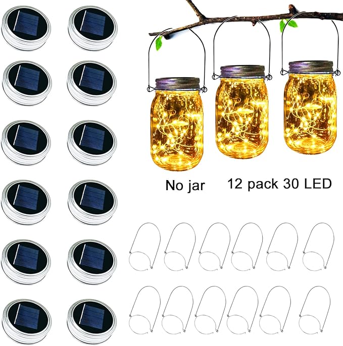 Upgraded Solar Mason Jar Lid Light,Multicolor 30LED Light String Fairy Firefly Jar Lid Light (3 Colors) Including 12 Hangers(Excluding Jars) Best for Mason Jars Terrace Garden Decoration