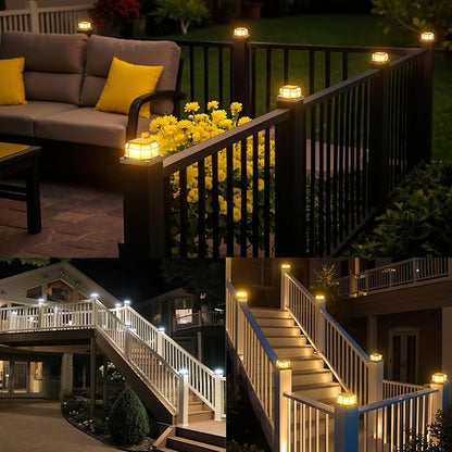 Solar Post Light 6 Packs with 4x4, 5x5 and 6x6 Inches Base for Vinyl/Wooden Posts, Bright 16 LEDs Solar Cap Lights with Two Light Modes for Decorating Deck, Patio, Porch, Fence (Black)