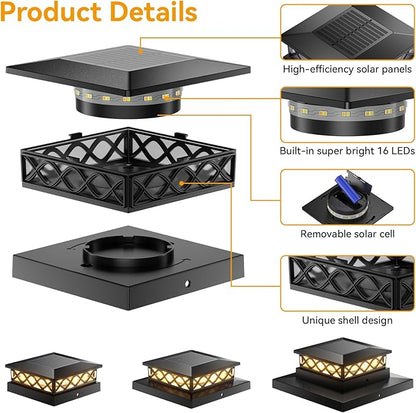 6 Packs Solar Post Cap Lights for Fence and Deck – Auto On/Off Outdoor Lighting, 2 Color Modes with 16 LEDs, Fits 4x4 5x5 6x6 Posts (Black)