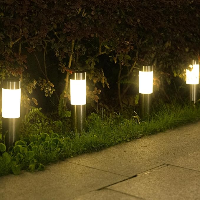 4 Pack Solar Pathway Lights Outdoor, Solar Walkway Lights with Polished Stainless Steel Layer, IP45 Waterproof Outdoor Solar Lights for Garden Yard Landscape Driveway Patio Deco