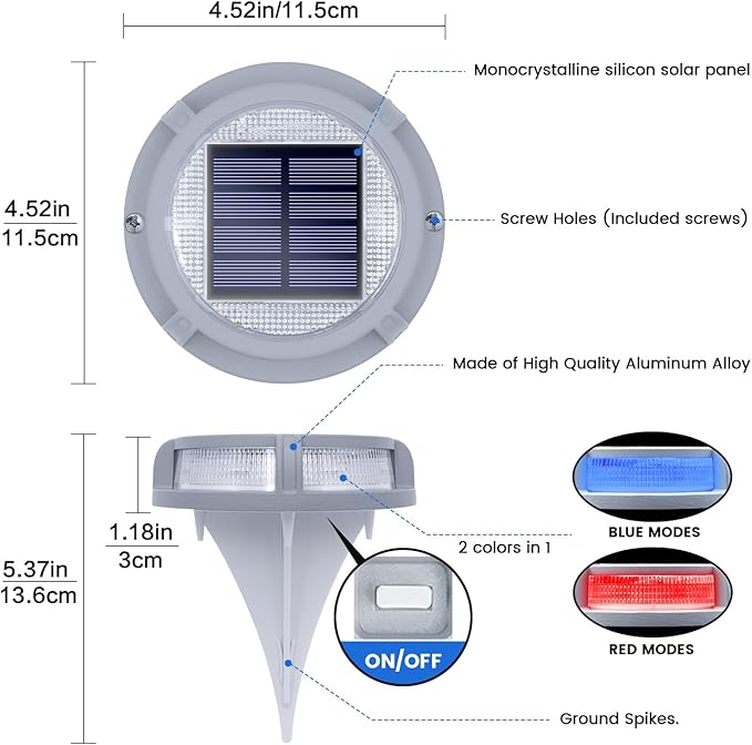 SIEDiNLAR Solar Deck Lights Outdoor 2 Modes 16 LEDs Driveway Markers Dock Light Solar Powered Waterproof for Ground Step Stair Pathway Walkway Garden Yard Road 4 Pack (Blue/Red)
