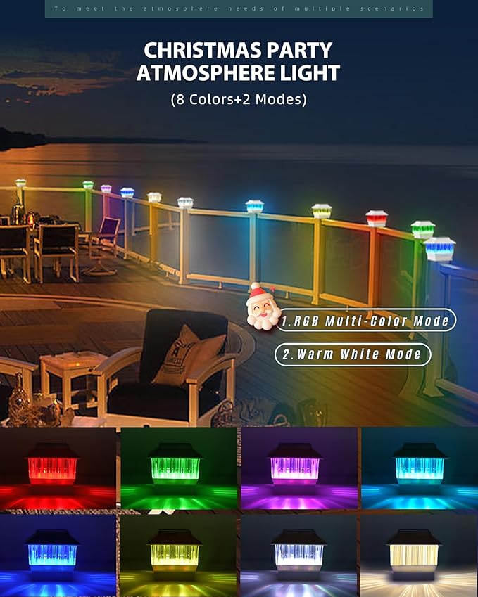 RGB&Warm Solar Post Cap Lights 50 Lumen, Outdoor 4x4 3.5x3.5 4.5x4.5 or 5.5x5.5 Led Fence Deck Patio Garden Post Lights for Christmas Halloween Parties(White, 1 Pack)