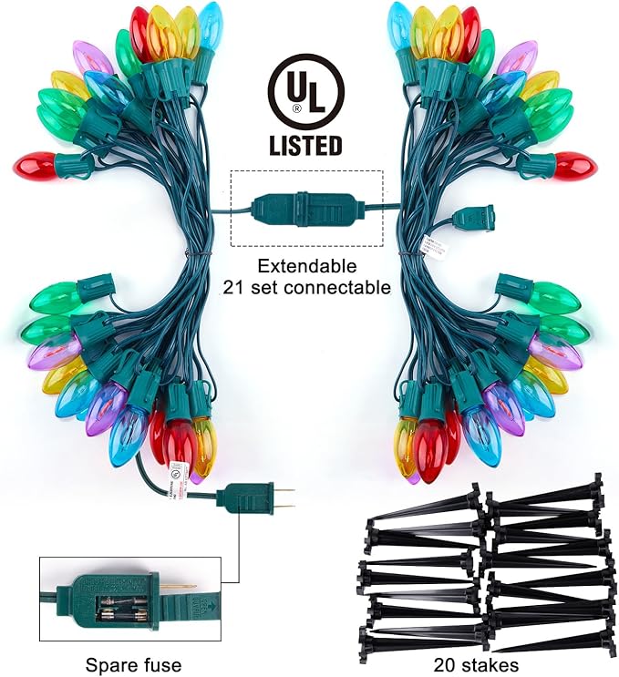 Brightown C9 Christmas String Lights Outdoor - 25.7 Feet 20 LED Christmas Pathway Lights with 20 Stakes Connectable Waterproof for Driveways Xmas Holiday Patio Decoration, Multicolored