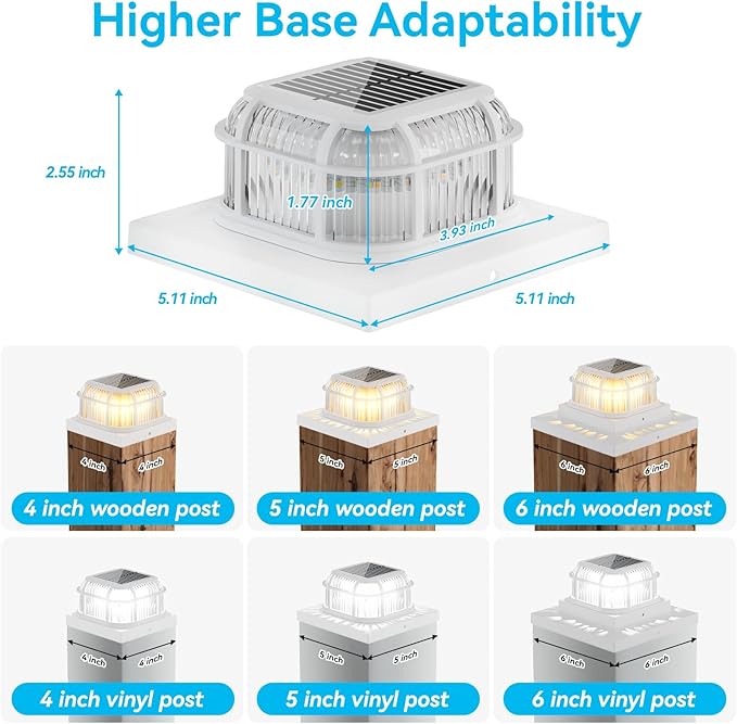 Solar Post Light 12 Packs with 4x4, 5x5 and 6x6 Inches Base for Vinyl/Wooden Posts, Bright 16 LEDs Solar Cap Lights with Two Light Modes for Decorating Deck, Patio, Porch, Fence (White)