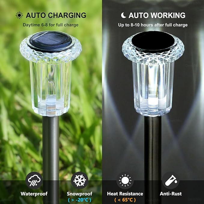 DenicMic Solar Lights Outdoor 10 Pack Waterproof 6000K Cold White LED Stainless Steel Stake Outside Lights for Yard Pathway Garden Driveway Walkway Landscape Path Lighting