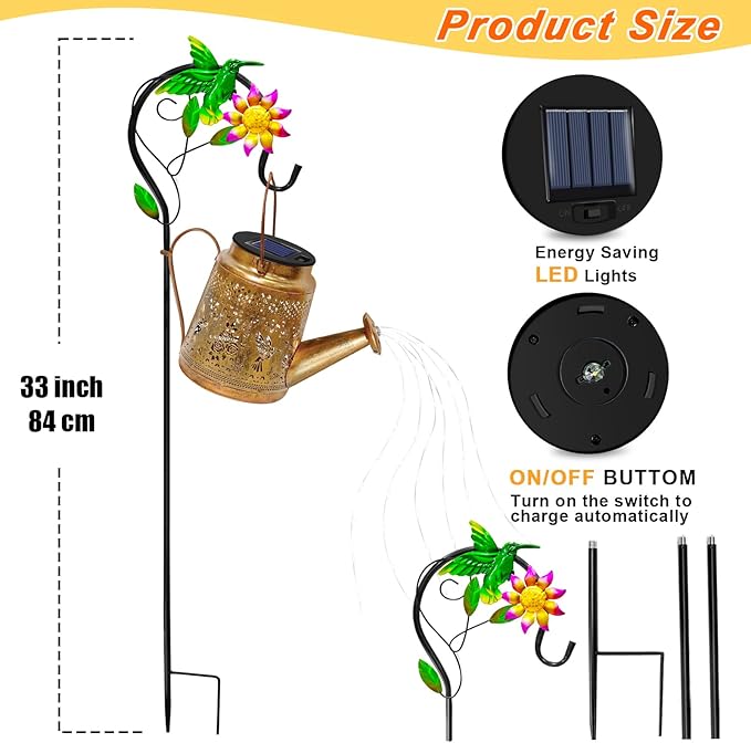 2 Packs Solar Watering Can Lights Hummingbird Garden Decor,Hanging Lanterns Outdoor,Birthday Gift for Mom Women Grandma,Waterproof Solar Fairy String Decorative Outside Lights for Yard Art Patio Porch