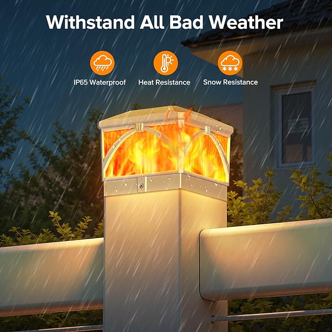 LETMY 4 Pack Solar Flame Post Cap Lights Outdoor- Flickering Flame & Warm Light 4x4 Fence Post Solar Lights Outdoor Waterproof for Fence, Garden, Yard, Deck, Patio Decor, 4X4 Vinyl Wooden Posts(White)