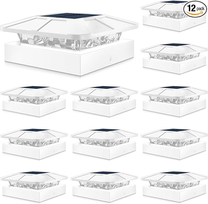 Peasur 4x4 Solar Post Cap Lights Outdoor with 3 Modes, 12 Packs White Fence Light Solar Powered Waterproof for Wood/Vinyl Posts for Deck Yard Garden Patio Outside