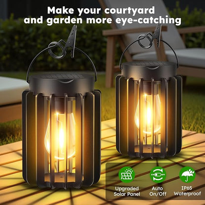 Solar Lanterns Outdoor Waterproof, Brighter Up to 12 Hrs Outdoor Hanging Solar Lights, Outside Hanging Lanterns for Garden Porch Patio Yard Decor, Gifts for Women Mom Father Black 2 Pack