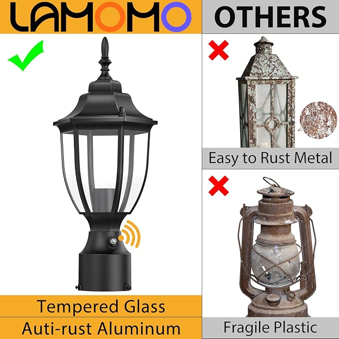 Lamomo Dusk to Dawn Outdoor Post Lights, Waterproof Aluminum Lamp Post Light Fixture, Lamp Posts Outdoor Lighting Pole Lantern for Yard Patio Pathway Garden