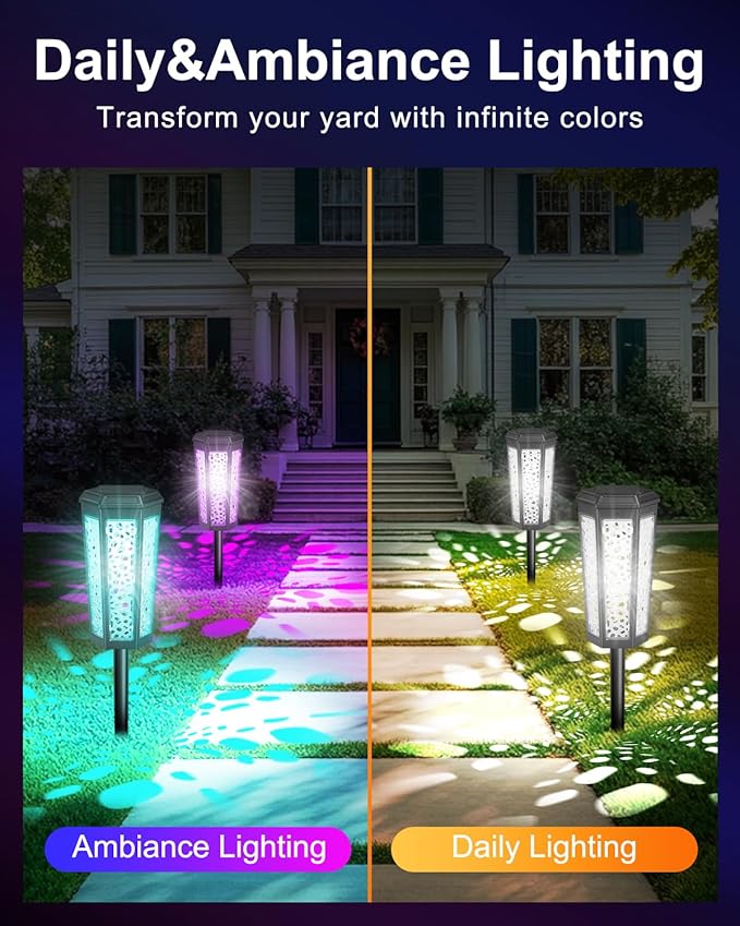 Solar Powered Pathway Lights Outdoor Warm White & RGB Color Changing LED Landscape Decor Waterproof for Patio, Yard, Walkway, Garden, Auto On/Off 4 Pack 2 Modes (Cool White & Multicolor, 6 Pack)