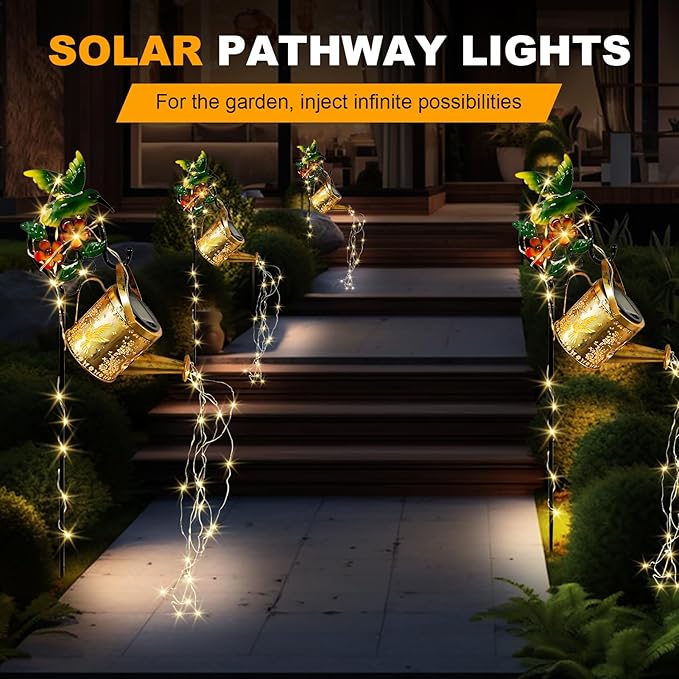 Solar Watering Can,Solar Lanterns Outdoor Waterproof Lawn Ornaments Gifts for Women with 6.3 * 31.2 Inch Shepherd Hooks for Patio Yard Festival Pathway Landscapegarden Decor