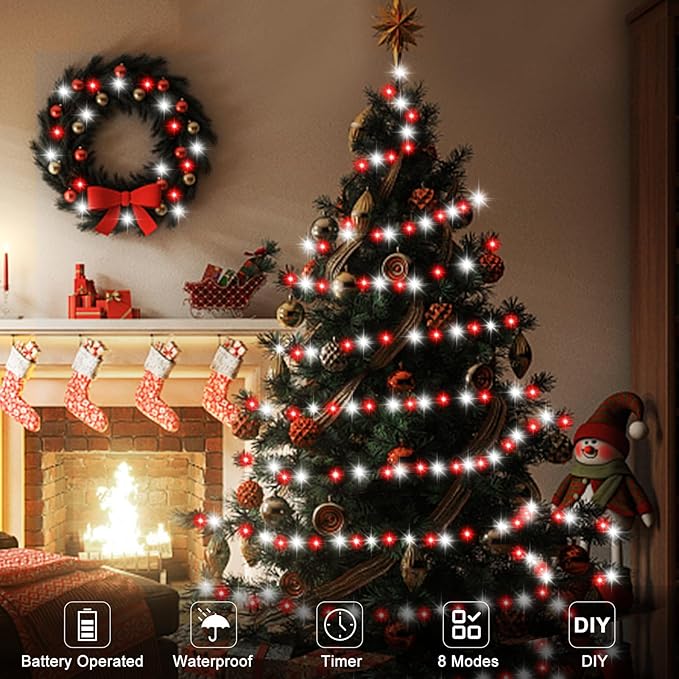 4 Pack Red White Christmas Lights Battery Operated 16.4Ft 50 LED Wreath String Lights Auto Timer Candy Cane Battery String Lights 8 Modes Green Wire Xmas Decor for Christmas Tree Garland