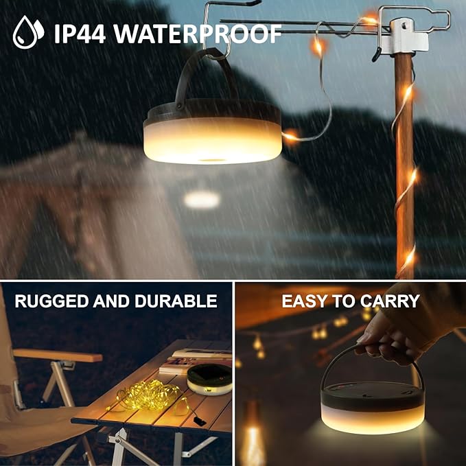 2-Pack Solar Camping String Lights, 39.4FT Portable Waterproof Camping Light with 8 Lighting Modes, Solar Powered and USB Rechargeable Tent Lantern with Remote Control for Camping, Garden and Hiking