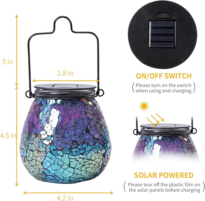 Afirst Mosaic Solar Lanterns Outdoor - Glass Hanging Solar Lights Hollow Out Waterproof Table Lamp Outdoor Decorative for Garden, Patio, Holiday Party Outdoor Decoration