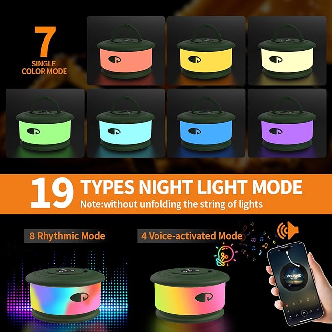 Camping String Lights, 3 in 1 Upgraded Retractable RGB Outdoor String Lights with 19 Lighting Modes, Quick 30s Recovery, 32.8 FT Portable Tent Lights, Rechargeable Camping Lantern (Green)