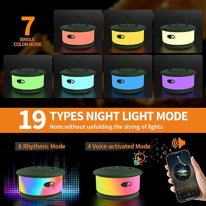 Camping String Lights, 3 in 1 Upgraded Retractable RGB Outdoor String Lights with 19 Lighting Modes, Quick 30s Recovery, 32.8 FT Portable Tent Lights, Rechargeable Camping Lantern (Green)