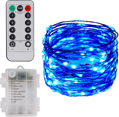 Twinkle Star Christmas Fairy Lights Battery Operated, 33ft 100 LED Waterproof Silver Wire String Light, Remote Control & 8 Modes Indoor Outdoor Xmas Tree Wedding Party Decorations, Blue, 1 Pack