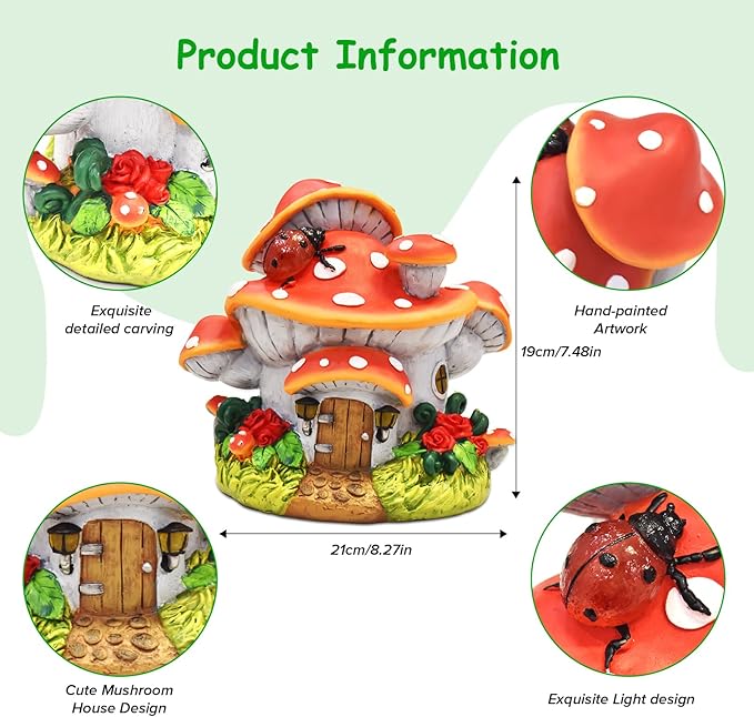 WINTS Solar Mushroom House Statue, Outdoor Whimsical Garden Figurines with Solar Lights, Mushroom Garden Statue Decoration for Fairy House, Outside Lawn Yard Patio, Gifts for Mom