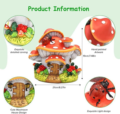 WINTS Solar Mushroom House Statue, Outdoor Whimsical Garden Figurines with Solar Lights, Mushroom Garden Statue Decoration for Fairy House, Outside Lawn Yard Patio, Gifts for Mom