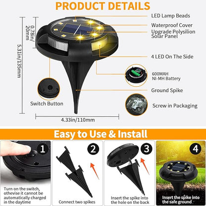 Solar Ground Lights, 8 Pack 12 LED Solar Disk Lights Outdoor Waterproof In-Ground Landscape Lighting for Garden Pathway Yard Lawn Patio Deck Driveway Walkway Outside Decor (Warm White)
