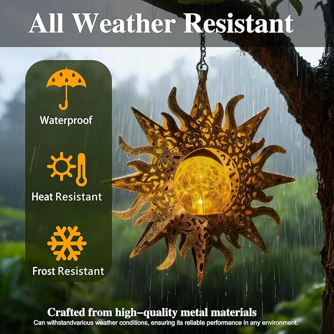 2 Pack Garden Decor Hanging Lanterns Outdoor Waterproof,Solar Lights Metal Sun Gifts Decoration for Yard Clearance Front Porch Lawn Driveway Patio Backyard Pathway Gardening Gift