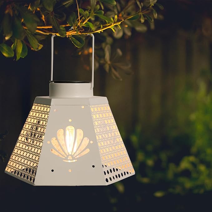 Outdoor Solar Lanterns Waterproof Hanging Solar Metal Lantern 9.5" Seashell LED Lantern Yard Art Decor for Yard, Patio, Hallway, Birthday Mothers' Day Gifts (2Pack, White)