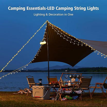Camping String Lights 33ft 100LED, 4 in 1 Rechargeable 100LED Outdoor Tent String Lights with 14 Lighting Modes Remote Control Waterproof with Timer Function for Camping Gear Essentials Hiking Garden